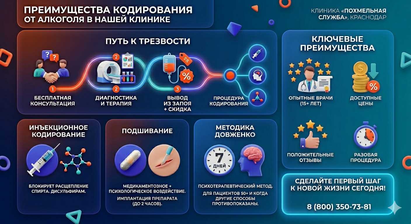 Инфографика о методах кодирования от алкоголя в Балабаново: инъекции, подшивание, метод Довженко. Преимущества клиники и этапы лечения.